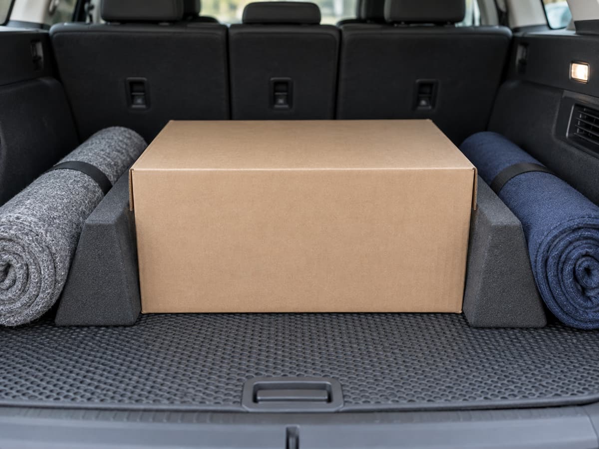 Boîte posée sur un tapis antidérapant, calée latéralement par des blocs souples sur un plancher plat de voiture.