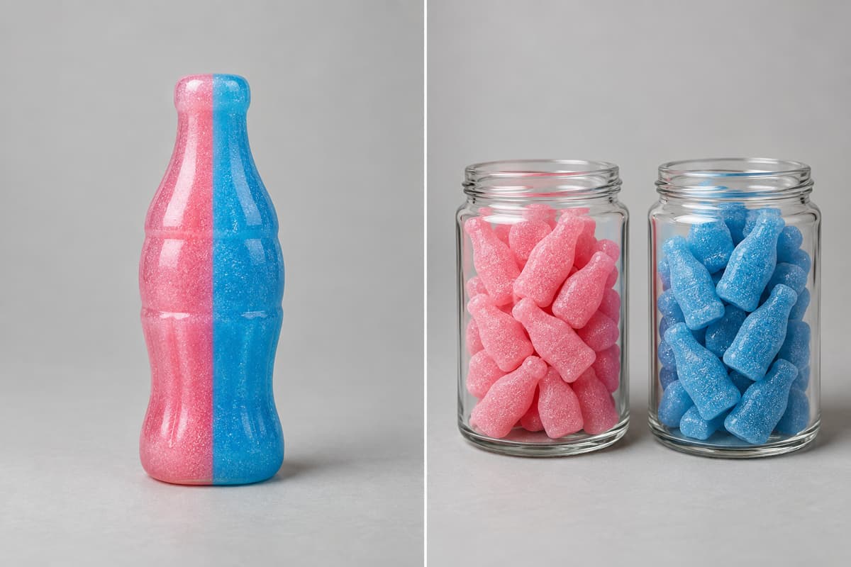 Deux panneaux côte à côte présentent à gauche un bonbon en forme de bouteille rose et bleu, à droite deux contenants transparents, l'un rempli de bonbons roses et l'autre de bonbons bleus.