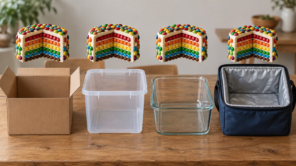 Quatre contenants alignés sur une table : une boîte en carton, une boîte en plastique rigide, un contenant en verre et une glacière souple isotherme, chacun surmonté d’une vue en coupe d’un gâteau de bonbons coloré.