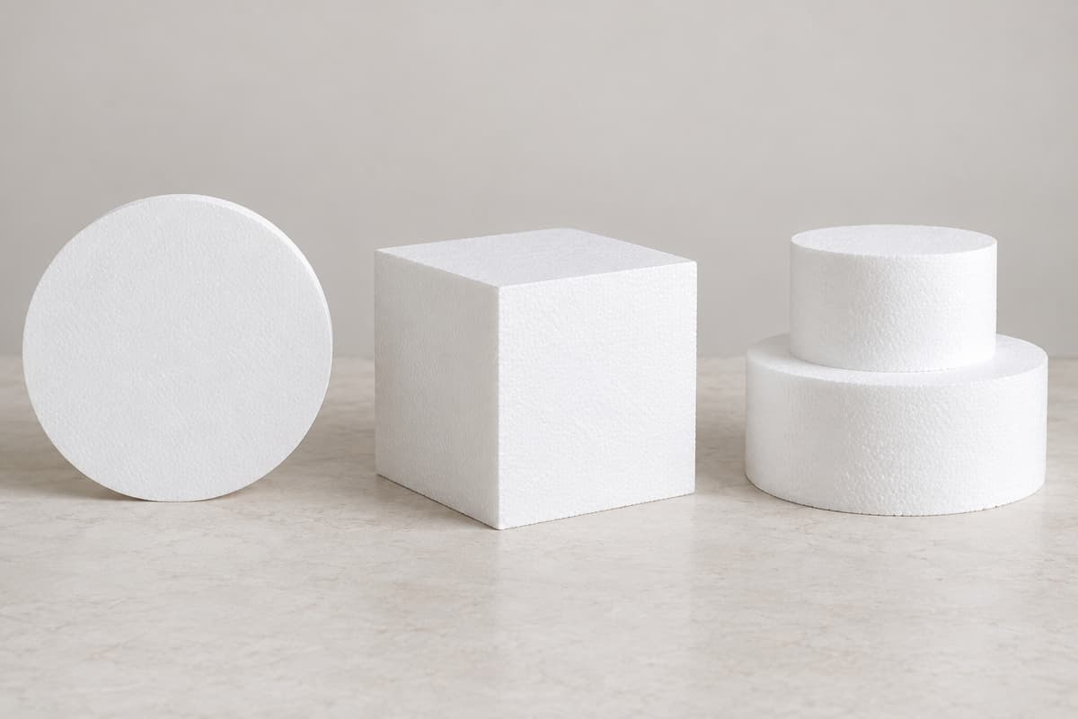 Trois formes en polystyrène blanc posées côte à côte sur un même plan de travail : une silhouette plate, un volume à trois dimensions et une pièce montée à deux étages.