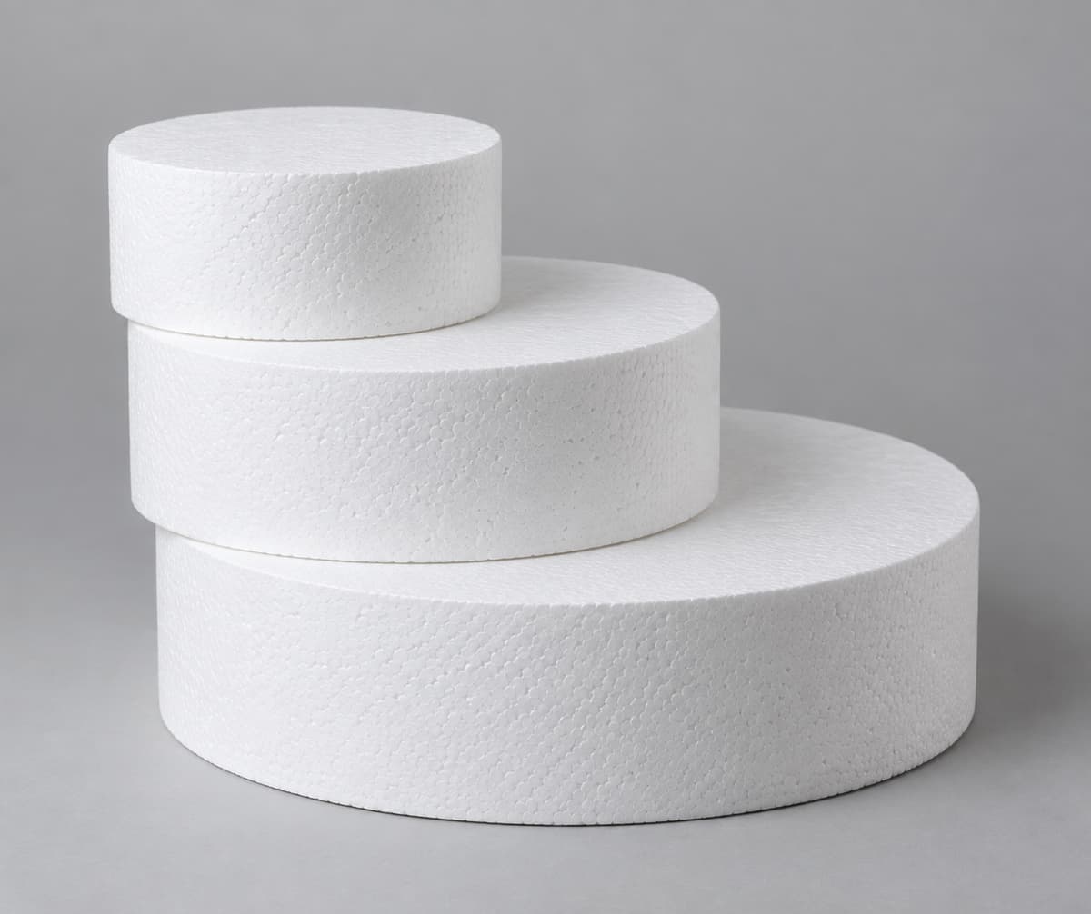 Trois disques ronds en polystyrène blanc de tailles différentes, empilés en escalier sur un fond neutre, vus de trois quarts.