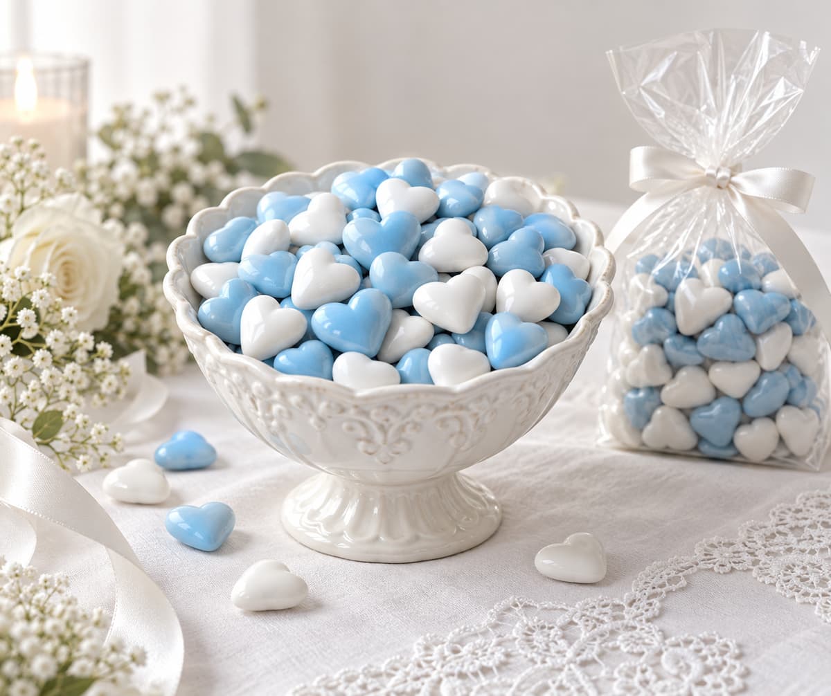 Dragées en forme de cœur bleues et blanches disposées dans un contenant décoratif avec un sachet de 500 g à côté.