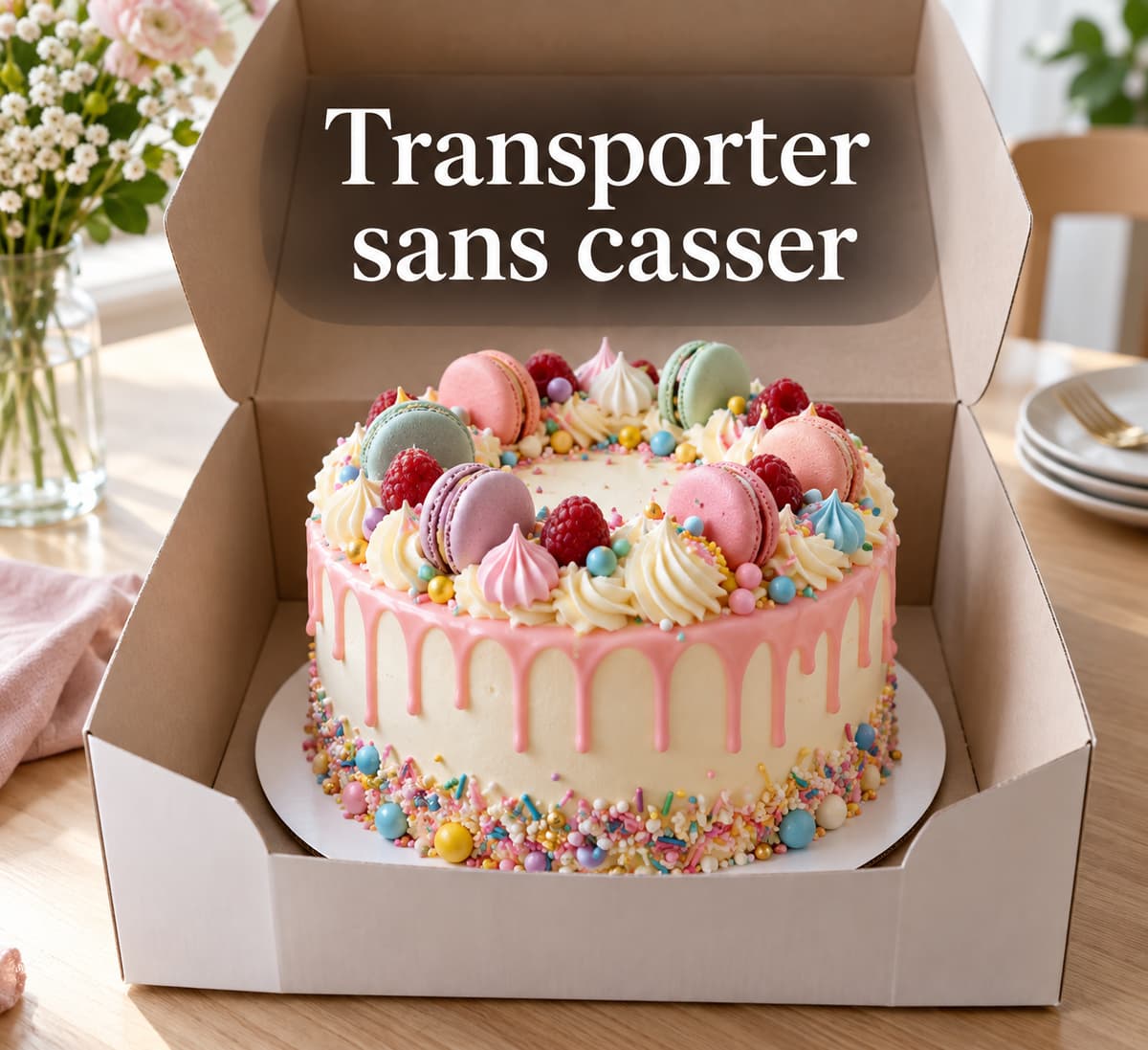 Gâteau de bonbons coloré intact posé sur un support rigide dans une boîte ouverte sur une table, avec le texte « Transporter sans casser » affiché en surimpression.