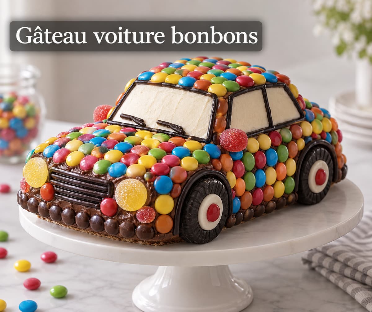 Gâteau d’anniversaire en forme de voiture recouvert de bonbons colorés, posé sur un présentoir simple, avec le texte superposé « Gâteau voiture bonbons ».
