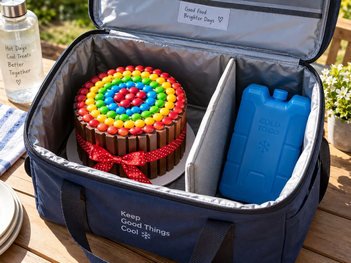 Sac isotherme ouvert montrant un gâteau de bonbons coloré sur son support, un accumulateur de froid placé à distance sur le côté avec une paroi isolante entre les deux, sous un soleil éclatant.
