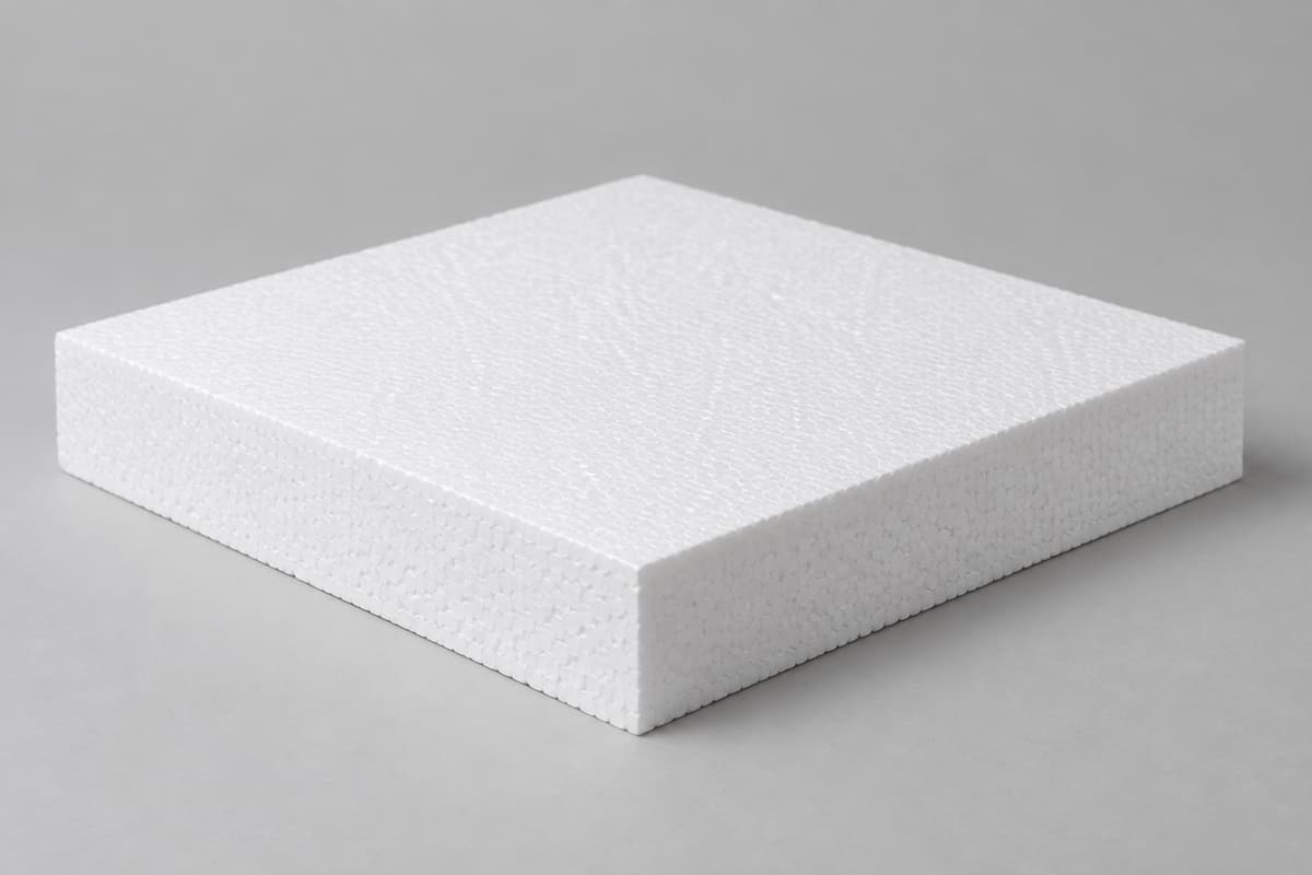 Bloc carré blanc en polystyrène posé à plat sur un fond neutre, présentant des angles nets et une surface lisse.