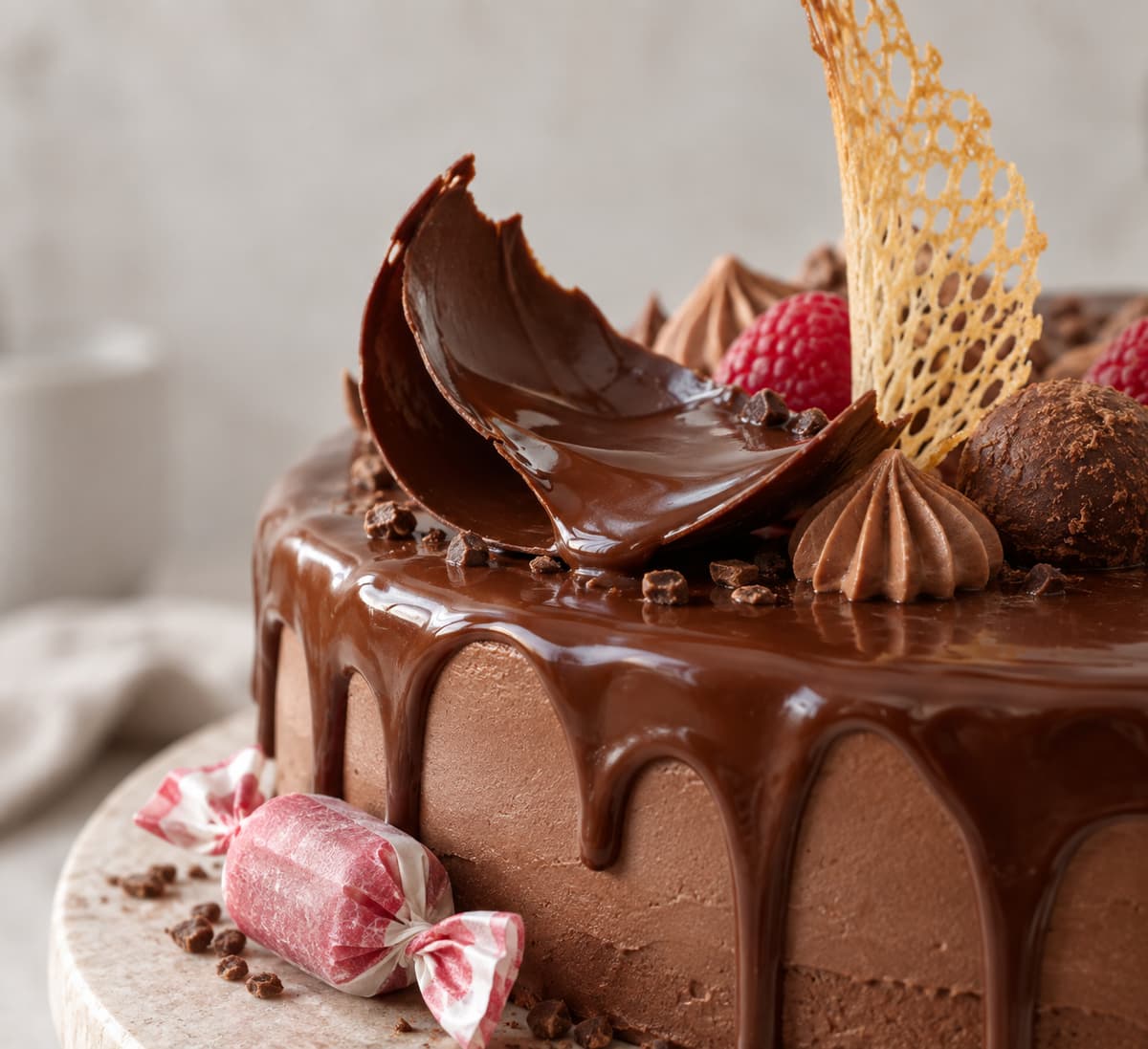 Gros plan sur un gâteau de bonbons montrant un décor en chocolat brillant, un bonbon simplement posé sur la base et un décor vertical fin et saillant.