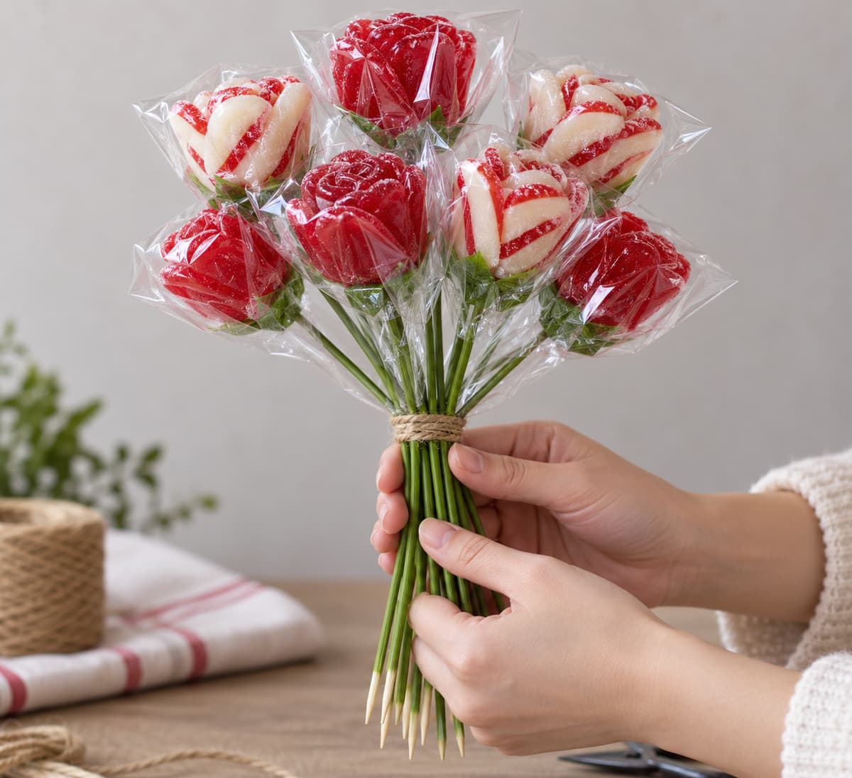 Mains tenant la base d’un bouquet de bonbons rouge et blanc, réunissant les tiges sous les fleurs protégées avec un lien commun.
