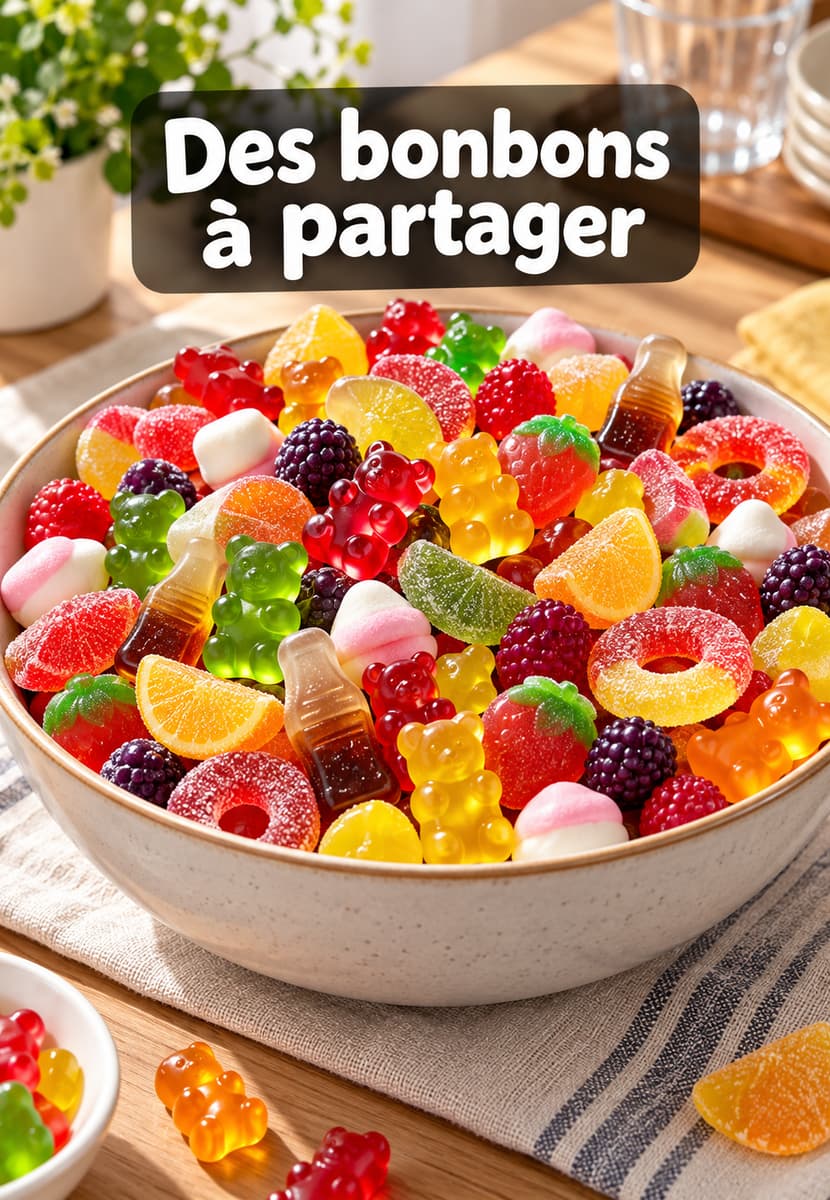 Grand bol rempli d’un assortiment de bonbons gélifiés colorés de formes variées, posé sur une table sobre, avec le texte « Des bonbons à partager » incrusté.