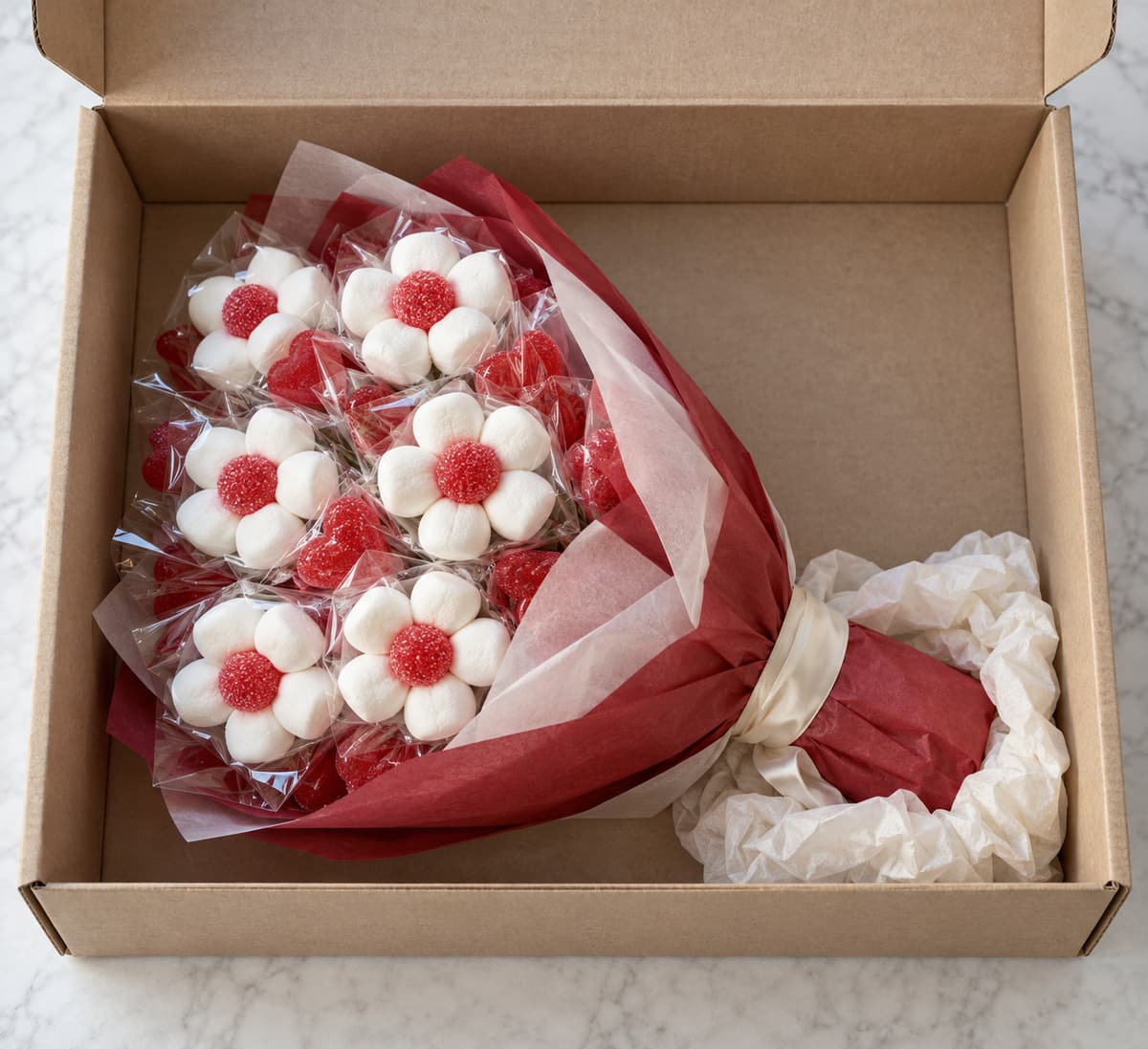 Bouquet de fleurs composées de guimauves blanches et de bonbons rouges, couché dans une boîte rigide ouverte, avec un calage en papier autour de la base et un espace libre autour des fleurs.