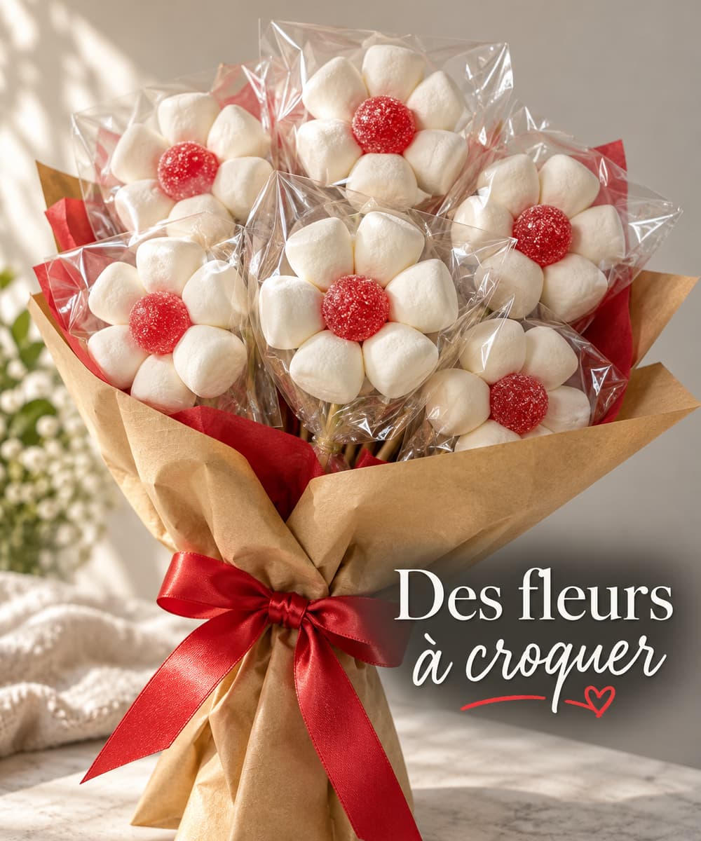 Bouquet cadeau composé de fleurs en guimauves blanches autour de bonbons rouges, chaque fleur protégée par un sachet transparent, ruban rouge, avec le texte « Des fleurs à croquer ».