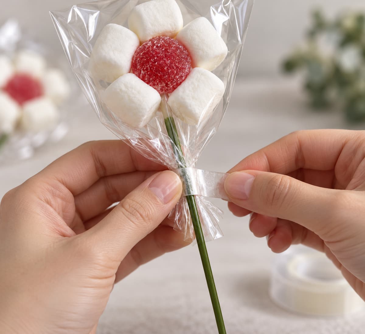 Des mains fixent la base fermée d’un sachet transparent contenant une fleur de bonbons rouge et blanche à une tige placée à l’extérieur de la protection.