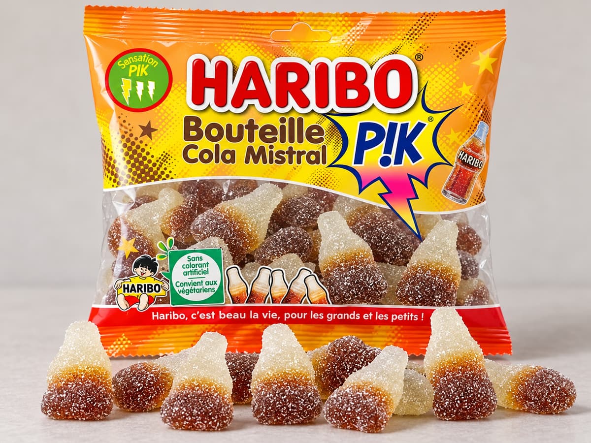 Sachet HARIBO Bouteilles cola mistral Pik posé sur une surface neutre devant plusieurs bonbons en forme de bouteille.