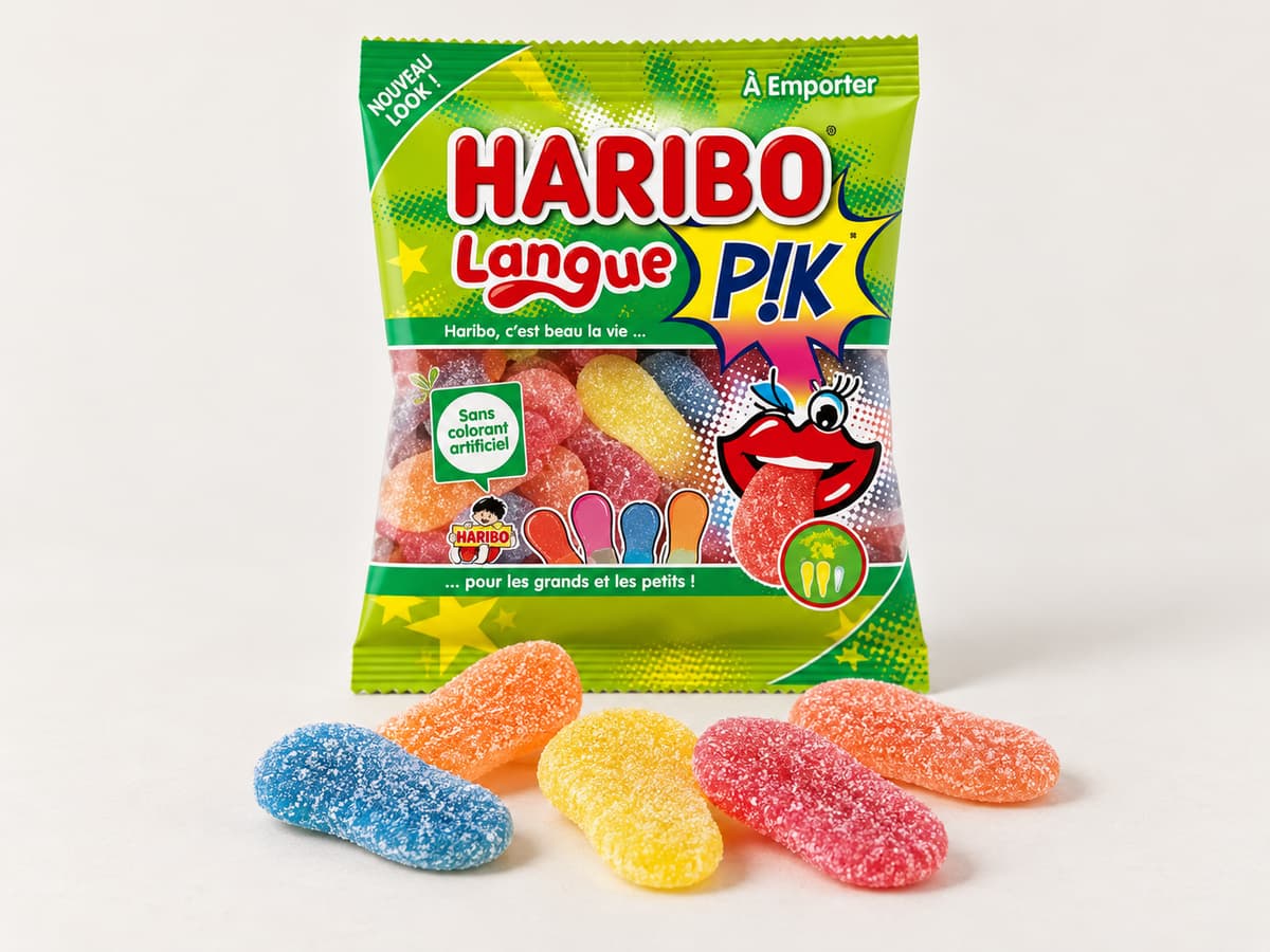 Sachet HARIBO Langues acides Pik placé derrière plusieurs bonbons plats en forme de langue, disposés sur une surface neutre et montrant un enrobage granuleux.