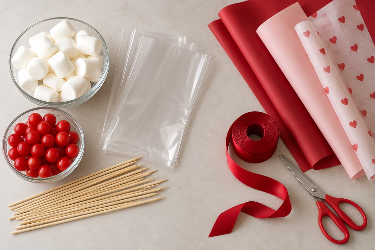 Plan de travail propre montrant des guimauves blanches, des bonbons rouges, des sachets alimentaires transparents et des tiges de montage, avec le papier cadeau, le ruban et les ciseaux placés à l’écart.