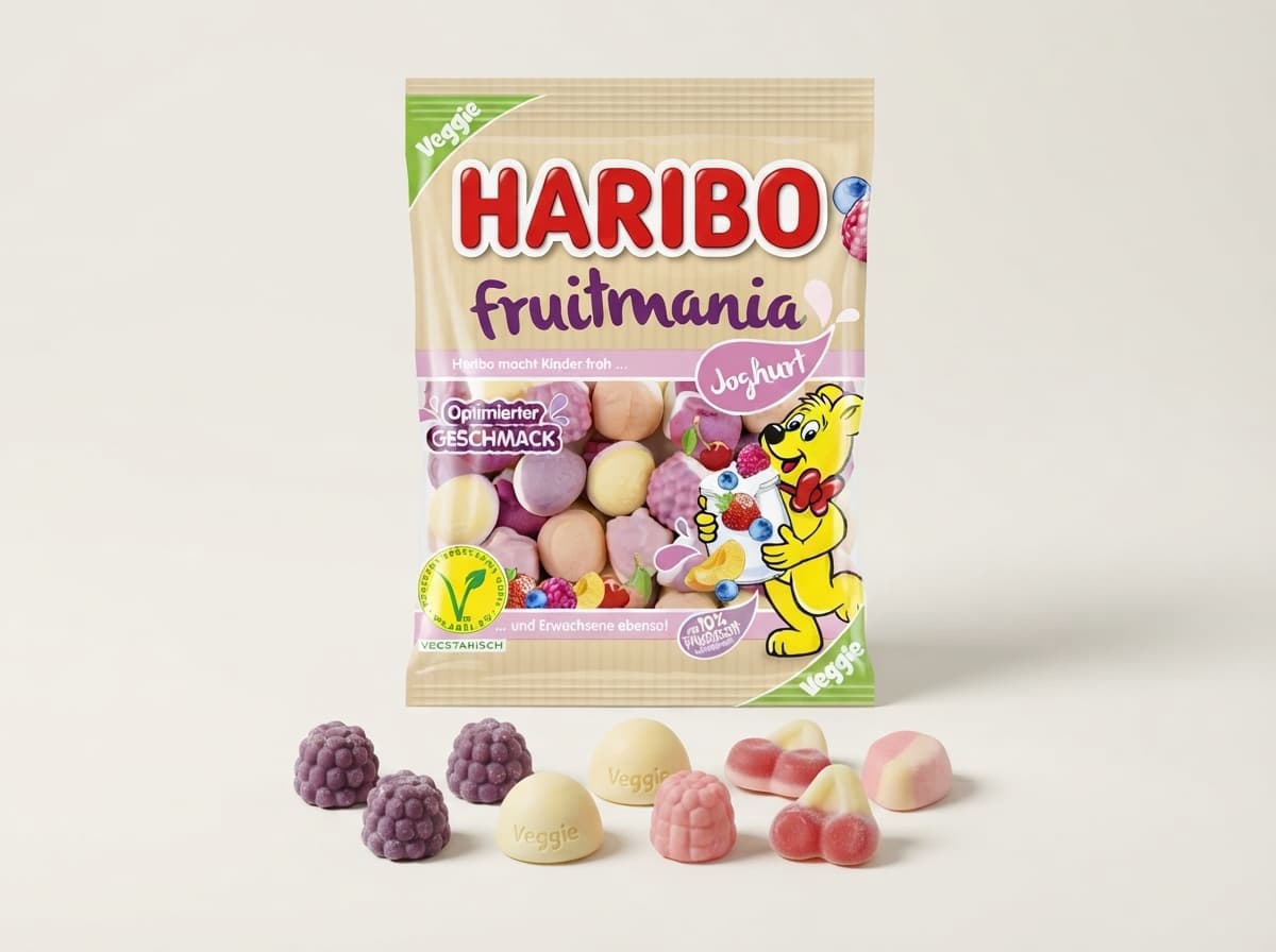 Sachet HARIBO Fruitmania posé sur un fond neutre avec des bonbons gélifiés espacés devant montrant leurs formes et leurs couleurs.